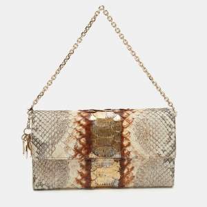 Pre Owned Dior Metallic Beige/Gold Python Leather Lady Dior WOC Clutch