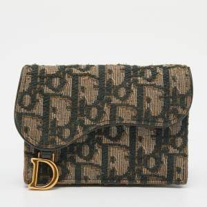 Pre Owned Dior Green/Beige Oblique Canvas Saddle Wallet