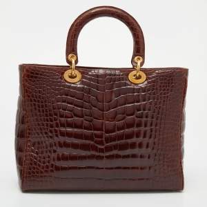 Pre Owned حقيبة يد توتس ديور ليدي ديور جلد تمساح بني كبيرة