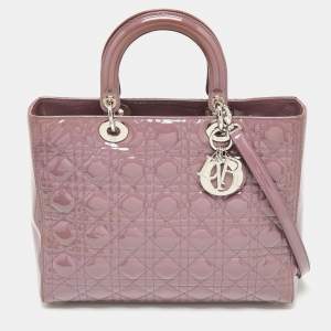 Pre Owned Dior Mauve Cannage Patent Leather Large Lady Dior Tote