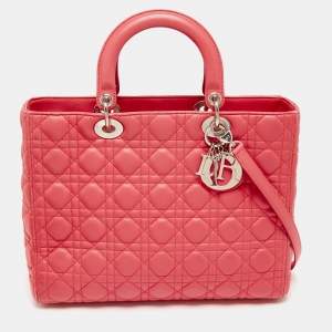 Pre Owned Dior Coral Pink Cannage Leather Large Lady Dior Tote