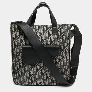 Pre Owned Dior Black Oblique Canvas and Leather Saddle Tote 