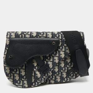 Pre Owned Dior Navy Blue/Black Oblique Canvas and Leather Saddle Pouch Bag