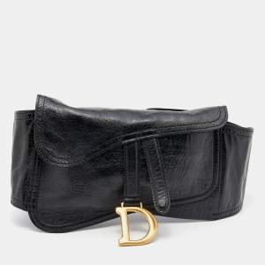 Pre Owned Dior Black Crinkled Leather Saddle Waist Belt Bag