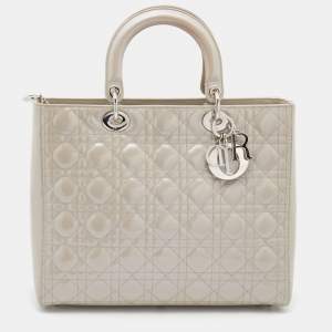 Pre Owned حقيبة يد توتس ديور ليدي ديور جلد كاناج لامع رصاصي كبيرة 