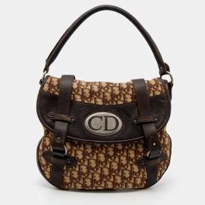 Pre Owned حقيبة هوبو ديور فينتدج تروتر جلد وكانفاس بالشعار بيج/بني