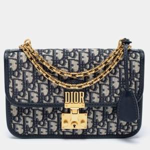 Pre Owned حقيبة ديور ديور أدديكت كانفاس مائل أزرق كحلي / أبيض بقلاب وسلسلة