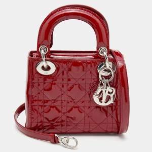 Pre Owned Dior Red Cannage Patent Leather Mini Lady Dior Tote 