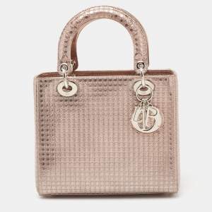 Pre Owned Dior Metallic Rose Gold Micro Cannage Laminated Leather Medium Lady Dior Tote