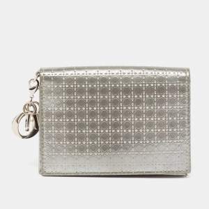 Dior Silver Micro Cannage Patent Leather Mini Lady Dior Card Case