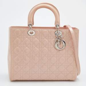 Pre Owned Dior Beige Cannage Patent Leather Large Lady Dior Tote