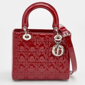 Pre Owned Dior Red Cannage Patent Leather Medium Lady Dior Tote