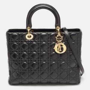 Pre Owned Dior Black Cannage Leather Large Lady Dior Tote