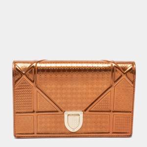Pre Owned Dior Metallic Bronze Micro Cannage Patent Leather Diorama Wallet on Chain 
