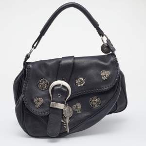 Pre Owned Dior Black Leather Charms Whipstitch Gaucho Double Saddle Bag