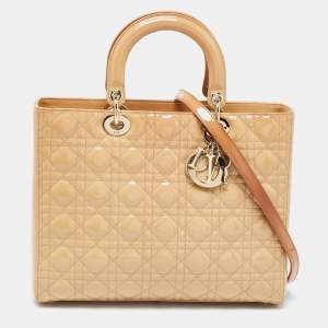 Pre Owned Dior Beige Cannage Patent Leather Large Lady Dior Tote