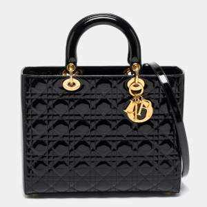 Pre Owned Dior Black Cannage Patent Leather Large Lady Dior Tote