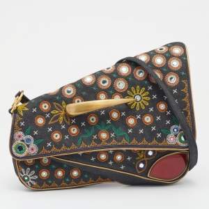 Pre Owned Dior Multicolor Embroidered Denim And Leather Saddle Bag
