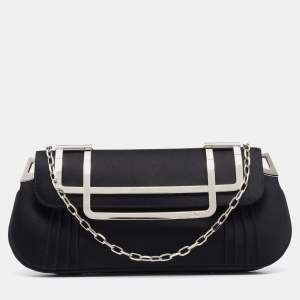 Pre Owned Dior Black Pleated Satin Frame Chain Clutch