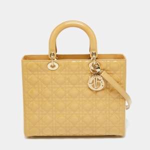 Pre Owned Dior Beige Cannage Patent Leather Large Lady Dior Tote
