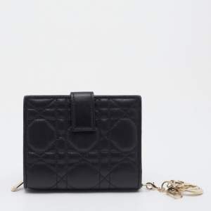 Pre Owned Dior Black Cannage Quilted Leather Lady Dior Compact French Wallet