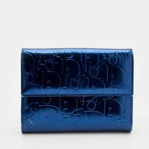Pre Owned Dior Metallic Blue Patent Leather Compact Wallet