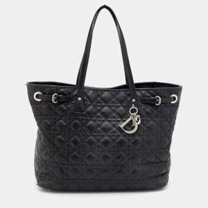Pre Owned Dior Black Cannage Quilted Coated Canvas And Leather Medium Panarea Tote
