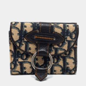 Pre Owned محفظة كومباكت ديور جلد وكانفاس مائل بيج / أزرق كحلي