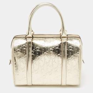 Pre Owned Dior Gold Metallic Oblique Monogram Leather Boston Bag