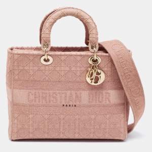 Pre Owned Dior Light Pink Cannage Embroidered Canvas Large Lady D-Lite Tote