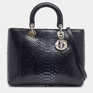 Pre Owned حقيبة يد توتس ديور ليدي ديور جلد ثعبان أسود