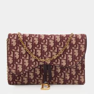 Dior Burgundy/Beige Oblique Canvas Saddle Chain Pouch