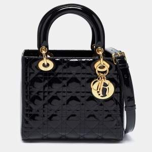 Pre Owned Dior Black Cannage Patent Leather Medium Lady Dior Tote