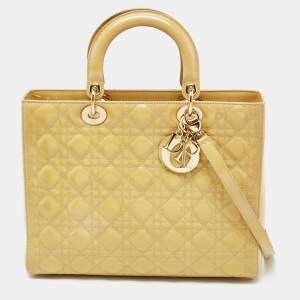 Pre Owned Dior Beige Patent Leather Large Lady Dior Tote
