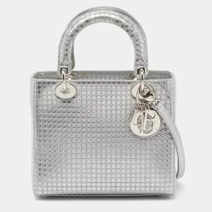 Pre Owned Dior Silver Microcannage Patent Leather Medium Lady Dior Tote 