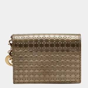 Pre Owned Dior Gold Micro Cannage Patent Leather Mini Lady Dior Card Case