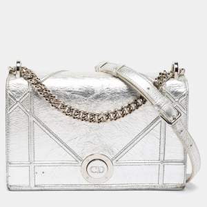 Pre Owned Dior Silver Leather Medium Diorama Shoulder Bag