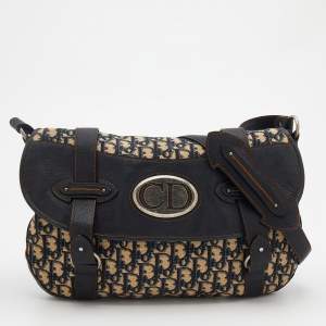 Pre Owned حقيبة كتف ديور فينتدج تروتير جلد وكانفاس أزرق كحلي وبيج مزين بإبليك 