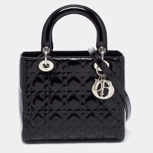 Pre Owned Dior Black Cannage Patent Leather Medium Lady Dior Tote
