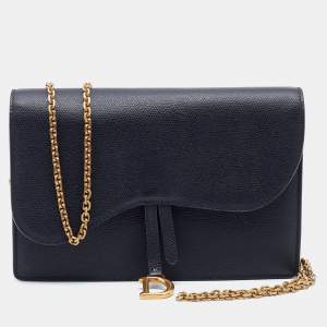 Pre Owned Dior Black Grained Leather Saddle Chain Pouch
