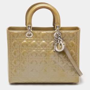 Pre Owned Dior Beige Cannage Patent Leather Large Lady Dior Tote