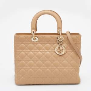 Pre Owned Dior Beige Cannage Leather Large Lady Dior Tote