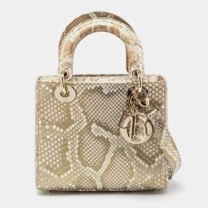 Pre Owned Dior Metallic Gold Python Small Lady Dior Tote