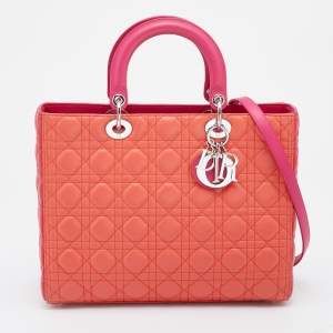 Dior Orange/Pink Cannage Leather Large Lady Dior Tote
