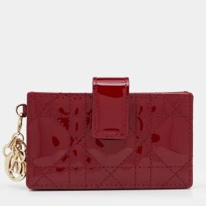 Pre Owned Dior Red Cannage Patent Leather Lady Dior 5 Gusset Card Holder