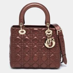 Pre Owned Dior Metallic Brown Cannage Leather Medium Lady Dior Tote