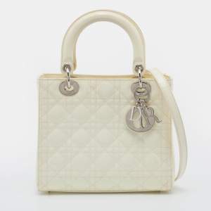 Pre Owned Dior Cream Cannage Patent Leather Medium Lady Dior Tote 