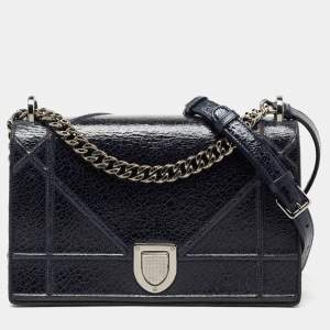 Pre Owned Dior Blue Crackled Patent Leather Medium Diorama Shoulder Bag