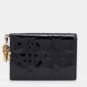 Pre Owned Dior Black Cannage Patent Leather Lady Dior Card Holder