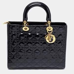 Pre Owned Dior Black Cannage Patent Leather Large Lady Dior Tote